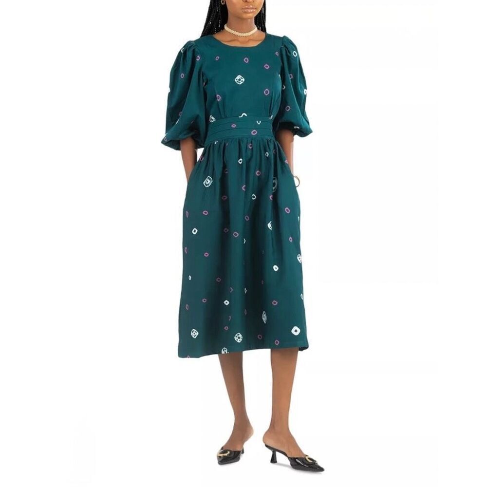 Busayo Deji Dress Small Teal Purple Tie Dye Adire Puff Sleeve Pleated Midi NWT